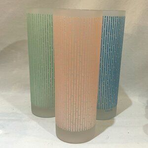 Set of 3 VTG Tastesetter Juice Glass Tumblers Blue Green Pink Stripes Icicles